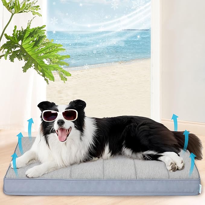 Cooling Dog Bed for Large Dogs - Orthopedic Pet Beds with Memory Foam, QMAX>0.5, Waterproof Removable Washable Cover for Hot Weather, Grey, 35" L x 23" W x 3" H