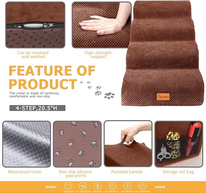 Topmart High Density Foam Dog Steps 4 Tiers,Extra Wide Deep Pet Steps,Non-Slip Dog Stairs Ramp for Bed,Soft Foam Cat Ladder,Best for Older Injured,Older Pets,Cats with Joint Pain