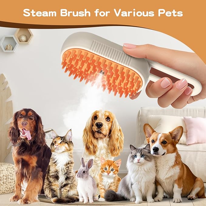 Pet Steam Brush, Rechargeable Cat Steam Brush for Shedding, 2025 New & 4 in 1 Pet Spray Hair Removal Comb with Anti-Static,Massage, Cleaning, Shedding & Combing All In One! (Khaki)