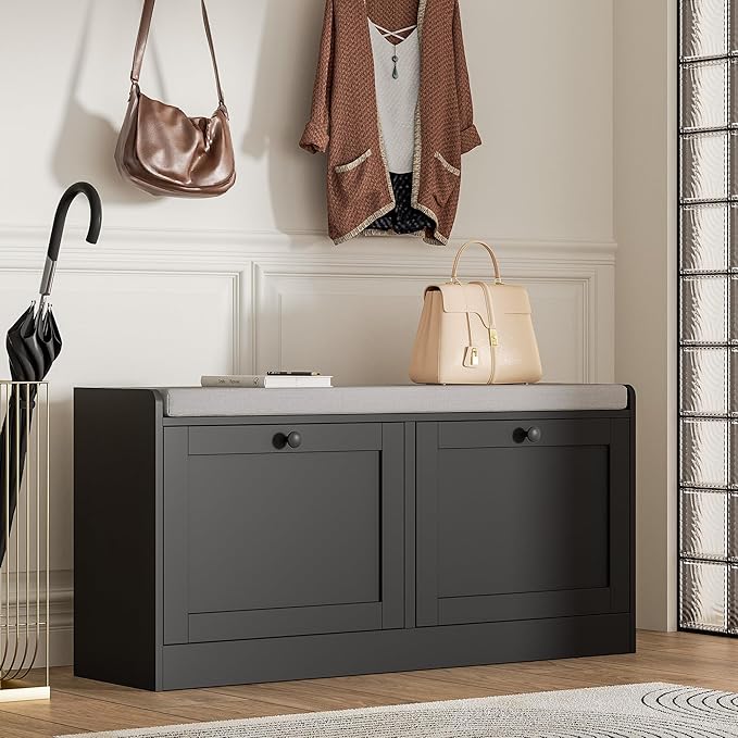 MHOM Black Modern Entryway Bench with 2 Flip Drawers, Shoe Bench with Padded Seat Cushion, Wooden Storage Bench for Bedroom and Apartment