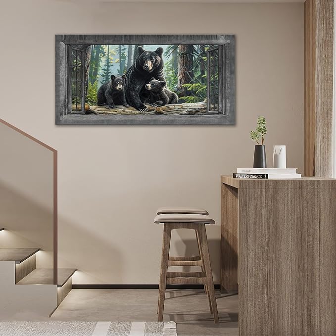 Large Wall Art Black Bear Canvas Cabin Living Room Pictures Prints Forest Oversize Wall Decor Animal Painting Artwork for Bedroom Dining Office Home 60"x30"