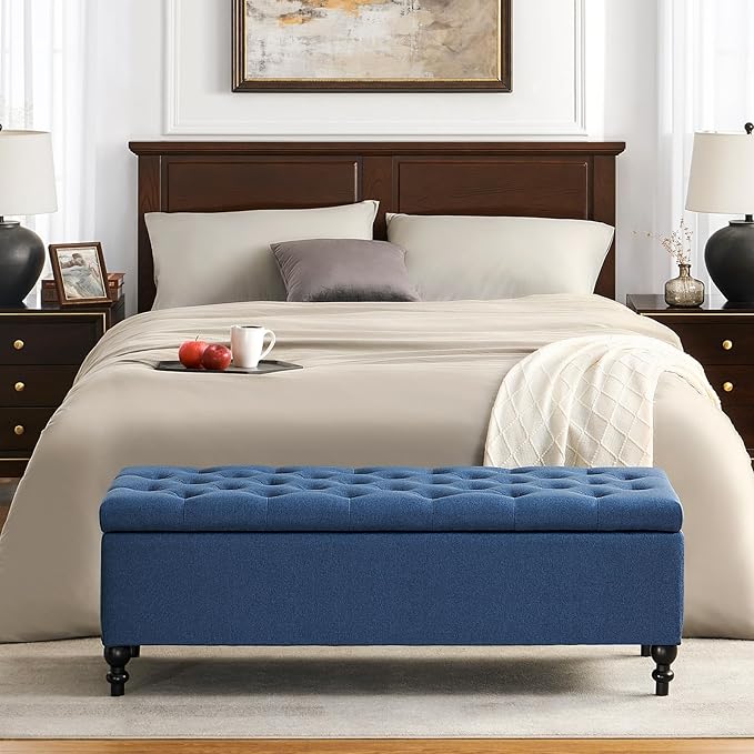 Ottoman with Storage,50.2-inch Upholstered End of Bed Storage Bench for Bedroom,for The Living Room,for Entryway, with Button and Safety Hinges,Detachable (Blue)