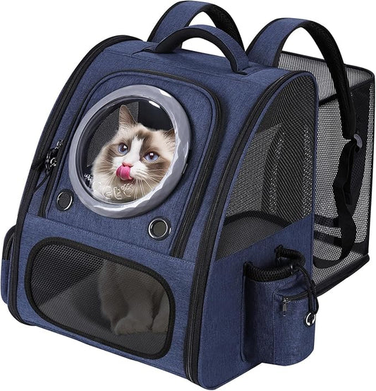 Extension Cat Carrier Backpack with Transparent Bubble Window,Dogs Backpack Carrier with Breathable Mesh Travel Bag, Portable Space Capsule Design with Foldable for Pets (Blue)