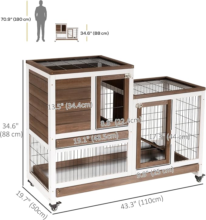 PawHut Wooden Rabbit Hutch Elevated Bunny Cage Indoor Small Animal Habitat with Enclosed Run with Wheels, Ramp, Removable Tray Ideal for Guinea Pigs, Brown