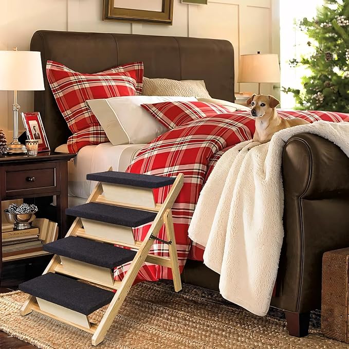 BRIKY 2-in-1 Dog Stairs/Ramp with 4 Steps, Foldable Dog Stairs for High Beds Cars Couch, Durable Wooden Pet Stairs for Small Medium Large Dogs, No Assembly Required