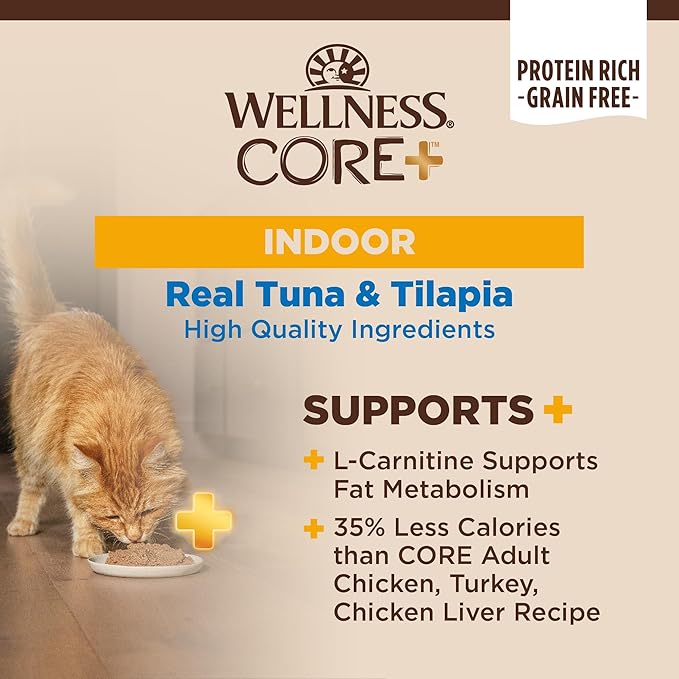 Wellness CORE+ Indoor Pate Adult Wet Cat Food, Natural, Protein-Rich, Grain Free, 2.8 Ounce, 12 Pack (Tuna & Tilapia)