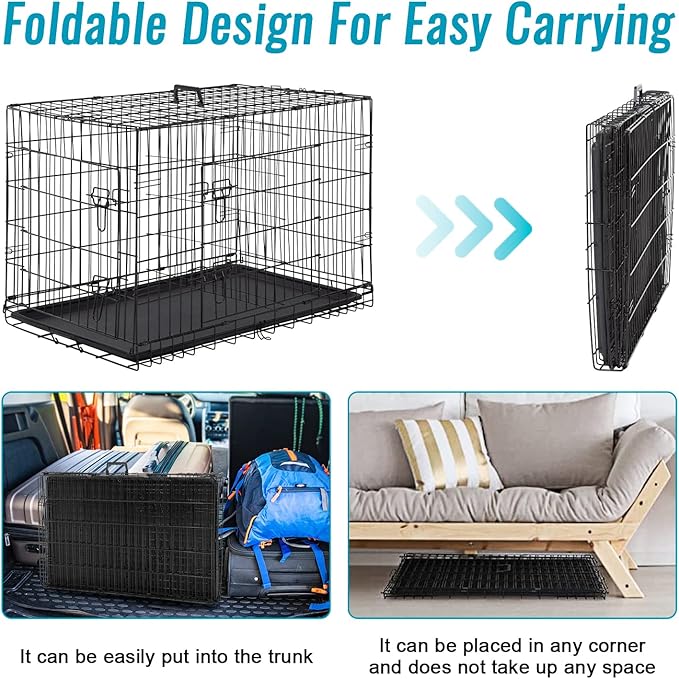 FDW Dog Crate for Small Dogs 24 Inch Folding Metal WirePet Cage Double Door W/Divider Panel Indoor Outdoor Kennel Leak-Proof Plastic Tray,Black