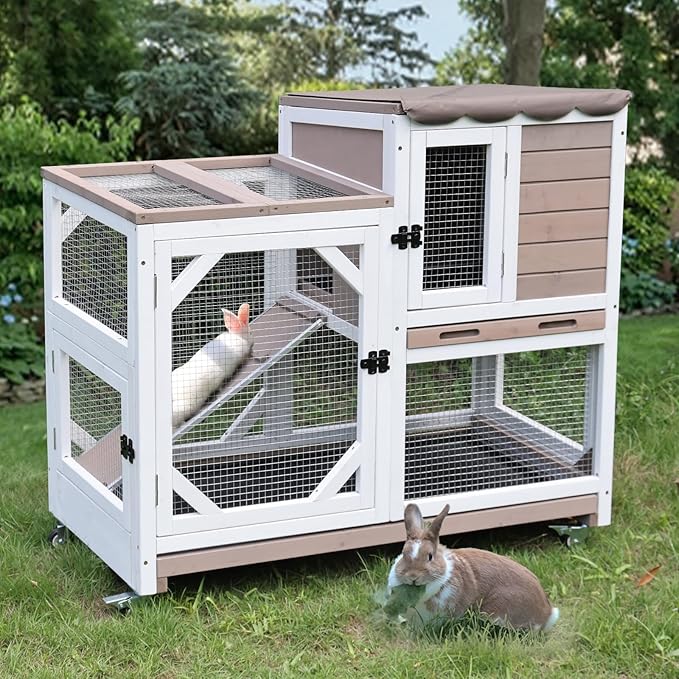 GUTINNEEN Rabbit Hutch Indoor Outdoor 2 Story Bunny House on Wheels Wood Rabbit Cage with 2 Pull Out Trays Guinea Pig Cage