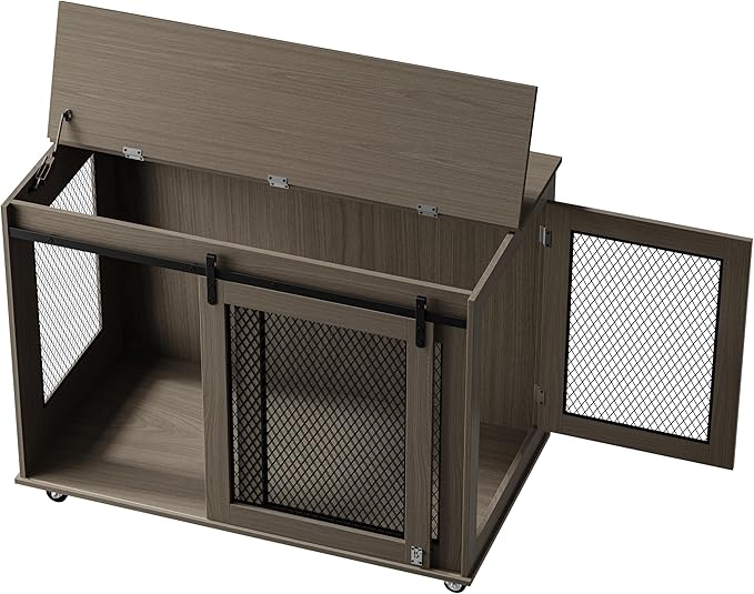 LINLUX 40 Inch Dog Crate Furniture, Wooden Heavy Duty Dog Kennel Indoor, Decorative Dog Cage Table for Large Medium Dogs, with Sliding Doors, Wheels and Flip-top Plate