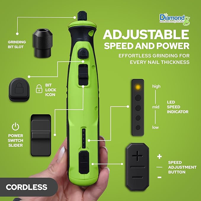 Diamondg Cordless Dog Nail Grinder with Quiet Sound & LED Tip for Large & Small Dogs, 4hrs. Runtime, 2 Bits Included, Green