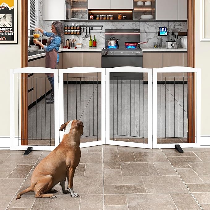 ZJSF Freestanding Dog Fence Indoor, Foldable Dog Gate for Doorways, Stairs or Hallways, Sturdy Wood Extra Wide Pet Gate with Support Feet for The House, White, 32 "Height-4 Panels