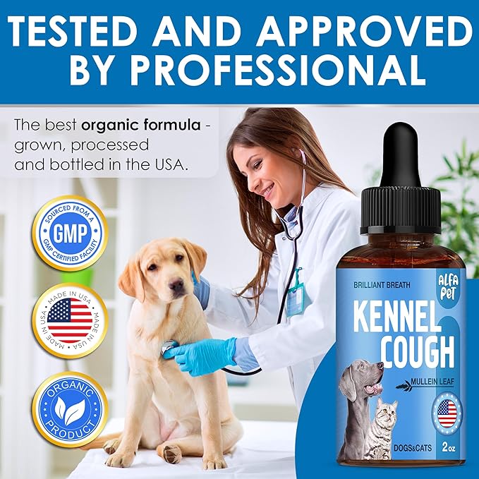 Dog Cough Treatment Liquid • Kennel Cough for Dogs & Cats • for Breathing During All Life Cycle • Marshmallow Root + Mullein Leaf in The Composition • Natural Supplement for All Breeds • 2 Oz