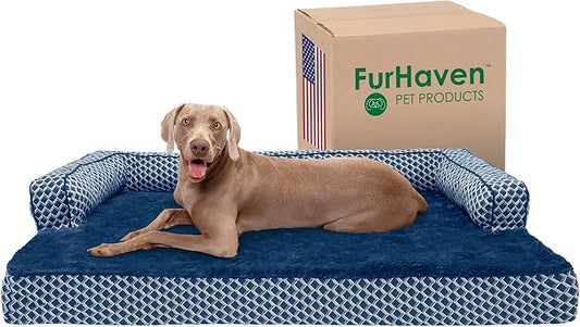 Furhaven Memory Foam Dog Bed for Large Dogs w/ Removable Bolsters & Washable Cover, For Dogs Up to 125 lbs - Plush & Woven Decor Comfy Couch Sofa - Diamond Blue, Jumbo Plus/XXL