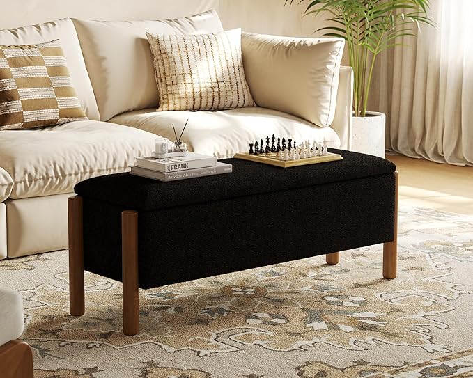 Storage Ottoman Bench, End of Bed Bench for Bedroom, 47" Boucle Upholstered Entryway Shoe Seat Benchs, Holds up to 660 lb Storage Ottoman, Padded Blanket Chest Stool Foot Rest for Living Room Black