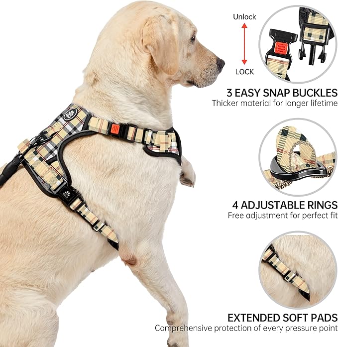 NESTROAD No Pull Dog Harness with Leash, Reflective No Choke Pet Vest Harness,Adjustable Soft Padded Dog Harness with Easy Control Handle for Large Dogs(Checkered Beige,Large)