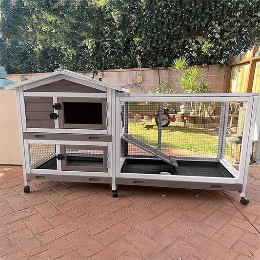 Outdoor Rabbit Hutch Indoor Bunny on Wheels Large Guinea Pig Cage with Run for Any Small Animals,Removable Pull Out Tray White