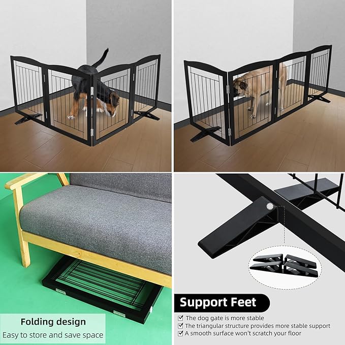 ZJSF Freestanding Dog Fence Indoor, Foldable Dog Gate for Doorways, Stairs or Hallways, Sturdy Wood Extra Wide Pet Gate with Support Feet for The House, Black, 32 "Height-4 Panels