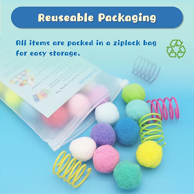 30 Pcs Premium Silent Cat Pom Pom Balls, Interactive Lightweight Assorted Colors Fuzzy Toy Balls (1.2 inches), with 4 Pcs Cat Spring Toy for Indoor Kitten Playing Exercising