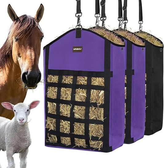 Hay Bags for Horses,3 Packs Slow Feed Hay Bags for Goats,Sheep,Donkey,Premium Oxford Hay Feed Bags with Front Hay Nets Design, Easy to Fill and Hang with Large Opening (2Purple + 1Black)