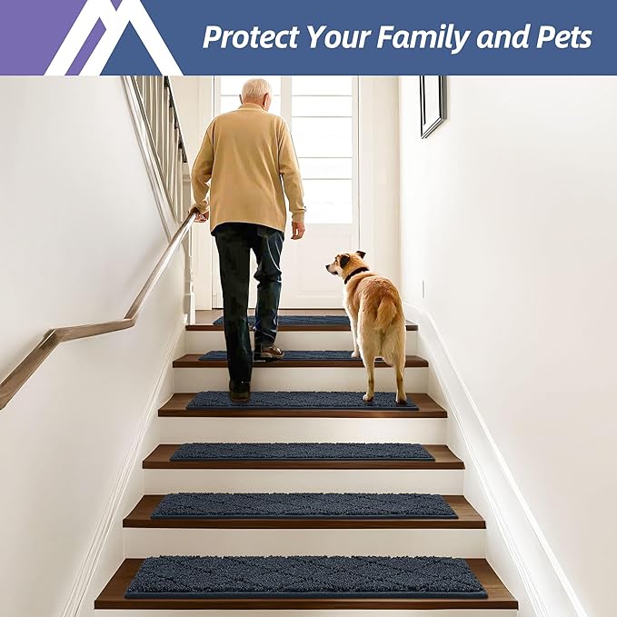 COSY HOMEER Edging Stair Treads Non-Slip Carpet Mat 28inX9in Indoor Stair Runners for Wooden Steps, Edging Stair Rugs for Kids and Dogs, 100% Polyester TPE Backing (4pc, Navy)