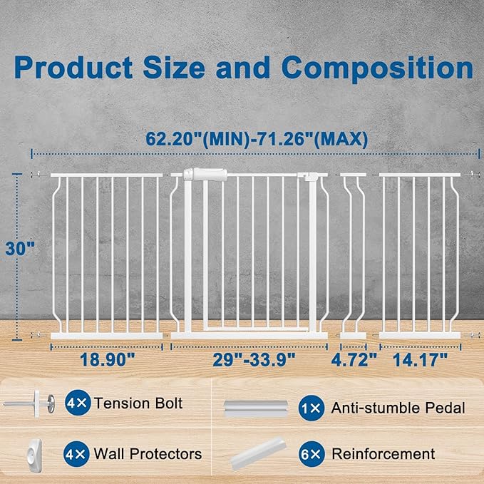 ALLAIBB Extra Wide Pressure Mounted Baby Gate Walk Through Child Kids Safety Toddler Tension White Long Large Pet Dog Gates with Extension for doorways Kitchen (62.20-71.26"/158-181cm, White)