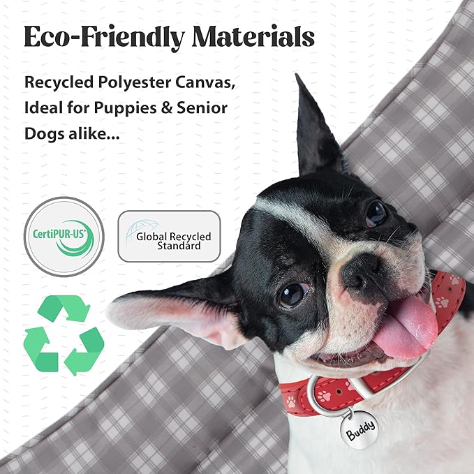 Orthopedic Bolster Dog Bed – CertiPUR-US Foam, Recycled Polyester Canvas, Washable Cover, Anti-Slip Bottom, Medium, Grey Plaid – Stylish Designer Dog Sofa