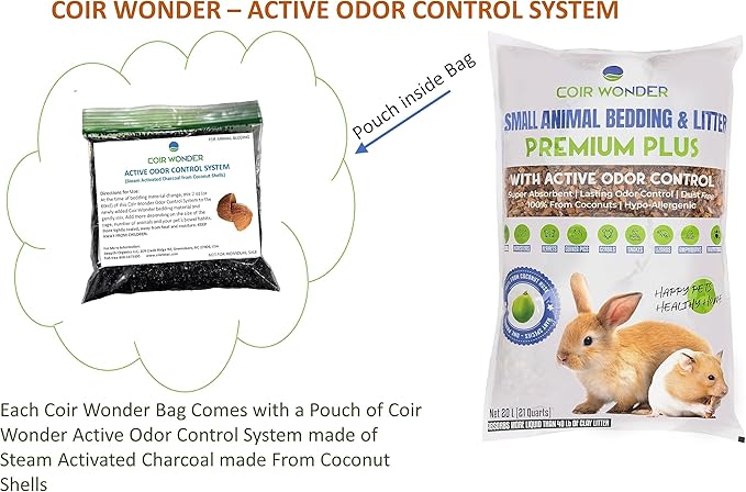 Small Animal Bedding – 20 Liter – Natural Coco Chip Substrate with Activated Charcoal Odor Control – for Chicken Coop, Rabbit Cage, Hamster Habitat, Reptile Terrarium & Snake Tank