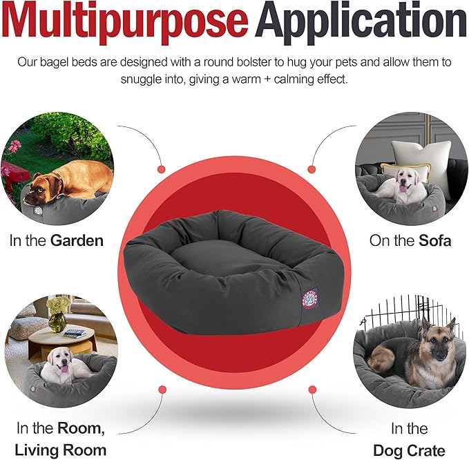 Majestic Pet Dog Bagel Calming Bed, 40x29x9in, Soft Round Pet Bed with Spine Support, Fluffy Donut Dog Bed, Large, Gray