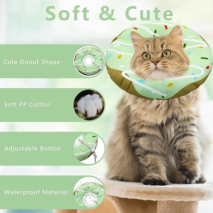 Cat Cone Collar Soft, Adjustable Cat Recovery Collar Kitten Cones to Stop Licking, Cute Donut E Collar After Surgery, Cats Neck Pillow Cone Elizabethan Cones of Shame (Waterproof Green, Medium)