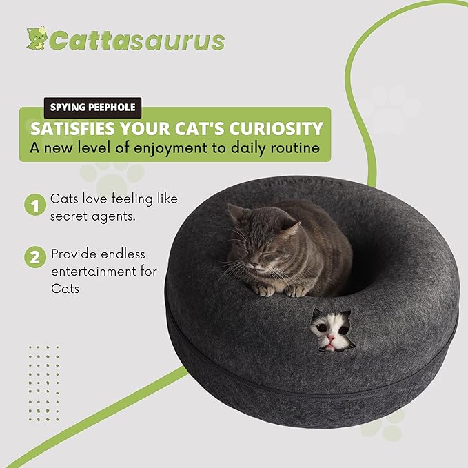 CATTASAURUS Peekaboo Cat Cave for Multiple & Large Cats Up to 30-45 Lbs, Scratch Detachable & Washable Tunnel Bed, Comfy Donut Cat Cave (Dark Gray, Large)