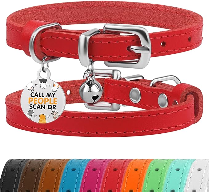 BRONZEDOG Leather Cat Collar with Removable Bells Non Breakaway Kitten QR Tag for Girl Boy (7" - 9" for Cats, Red & Silver)