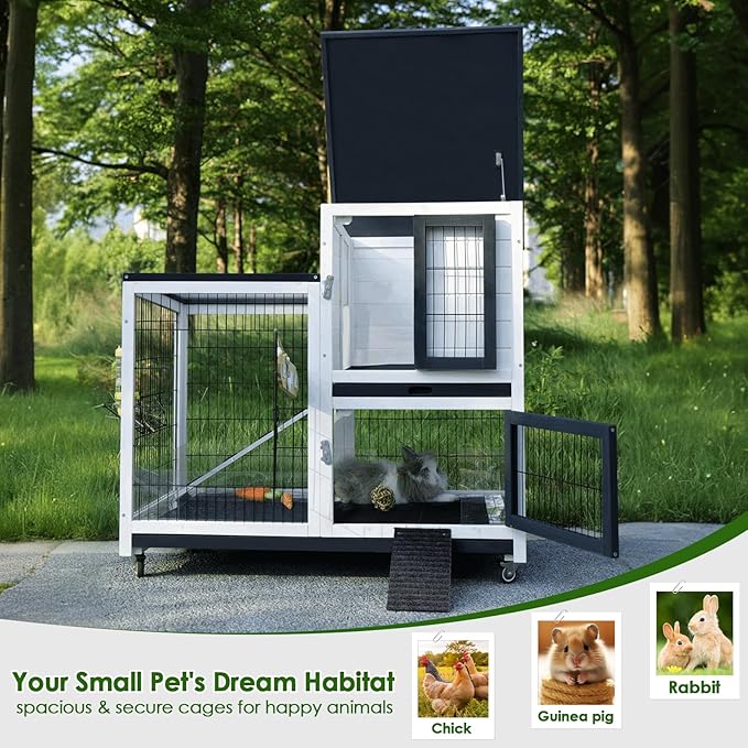 Bunny Hutch Indoor Rabbit Cage Outdoor 2-Story Rabbit House with Urine Guards and 2 Removable Tray for Small Animals