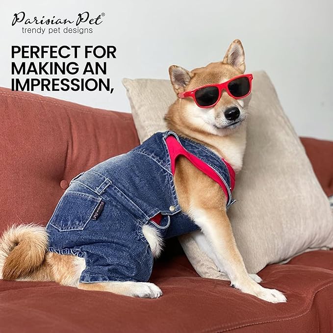 Parisian Pet Denim Overall - Blue Dog Jeans Outfit - Breathable Puppy Jumpsuit Costumes - Machine Washable Overall for Dogs - Dog Clothes for Large Dogs - L