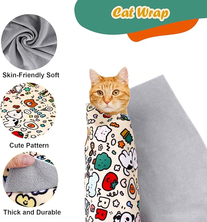 Cat Wrap for Cutting Nails and Grooming(27" x27"), Cat Restraint Wrap for Nail Clipping,Self-Adhesive Fabric Cat Swaddle Burrito Wrap for Nail Trimming (Graffiti Style)