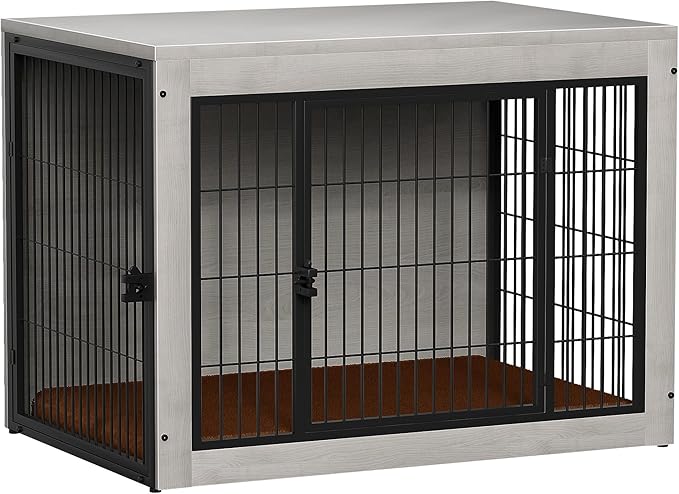 Bigrab Dog Crate Furinture with Thick Cushion, Side End Table Wooden Dog Cage with Double Doors, Chew-Resistant Dog Kennel Dog House Indoor for Small to Large Dog, L (Grey)