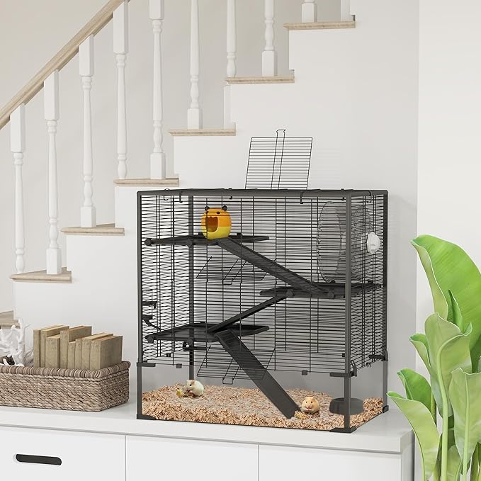 PawHut Large Hamster Cage with Deep Tempered Glass Bottom, 4 Tiers Hamster Tank with Running Wheel, Hut, Water Bottle, Dish, Rat Cage for Syrian, Dwarf, Gerbils, Mouse, 31" x 19" x 31.5", Black