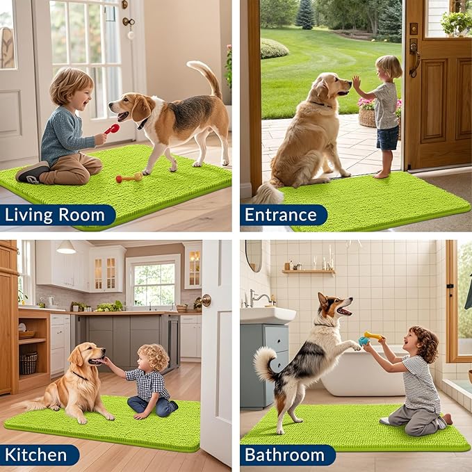 Smiry Dog Door Mat for Muddy Paws 30x20, Absorbs Moisture and Dirt Doormat, Non-Slip Washable Quick Dry Chenille Front Door Mat Indoor Entrance, Entryway Carpet for Inside Floor, Bright Green