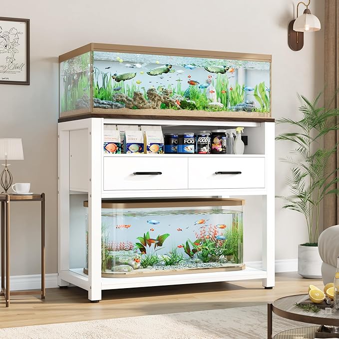 40-49 Gallon Fish Tank Stand with Two Storage Drawers, Heavy Duty Aquarium Stand with Waterproof Mat, Sturdy Metal Frame, 800 LBS Capacity Storage Cabinet, White