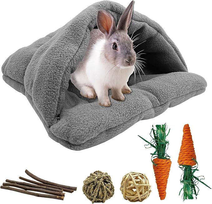 kathson Rabbit Cave Sleeping Bed Guinea Pig Hideout Cozy House Pet Soft Warm Fleece Winter Slipper Cushion Small Animal Nest Cage for Ferrets Squirrel Hamster Chinchilla Rat Hedgehog Bunny
