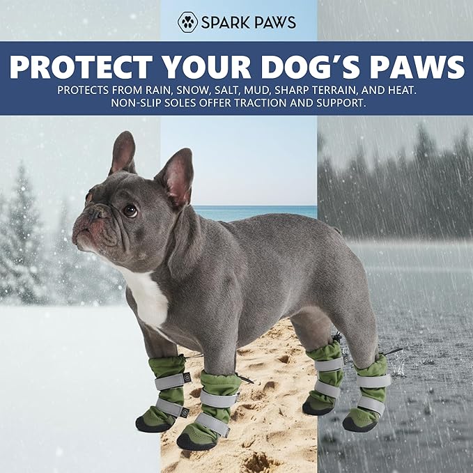 Spark Paws Dog Shoes, Waterproof Dog Boots for Medium to Large Dogs, Non Slip, Breathable Dog Booties and Paw Protectors - 4PCS Doggie Hiking Boots with Reflective Straps - Green - Size 7