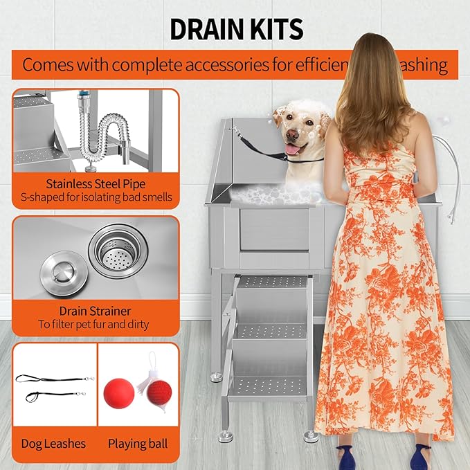 38 Inch Dog Bathing Station for Large Dogs, Stainless Steel Dog Pet Washing Station, Professional Dog Grooming Tub, Pet Wash Bath Station,Left Door