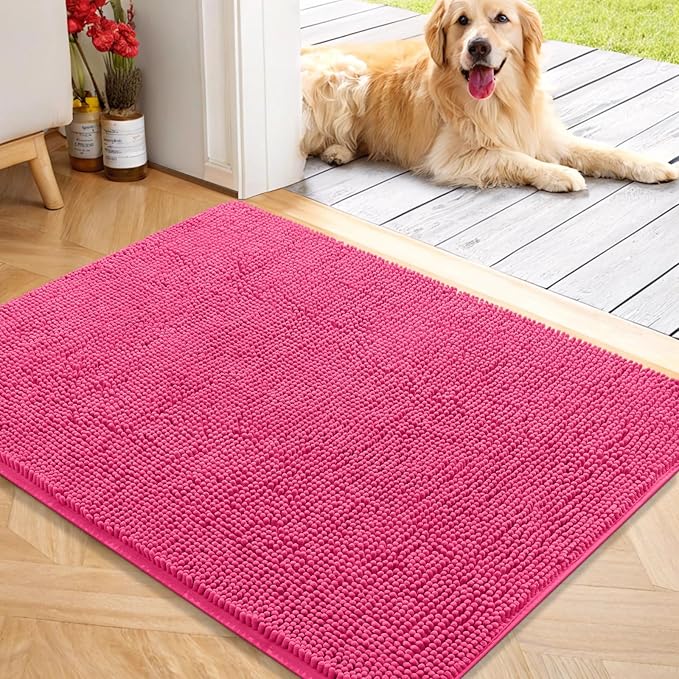 OLANLY Dog Door Mat for Muddy Paws 40x32, Absorbs Moisture and Dirt, Absorbent Non-Slip Washable Doormat, Quick Dry Chenille Mud Mat for Dogs, Entry Indoor Entryway Carpet for Inside Floor, Hot Pink