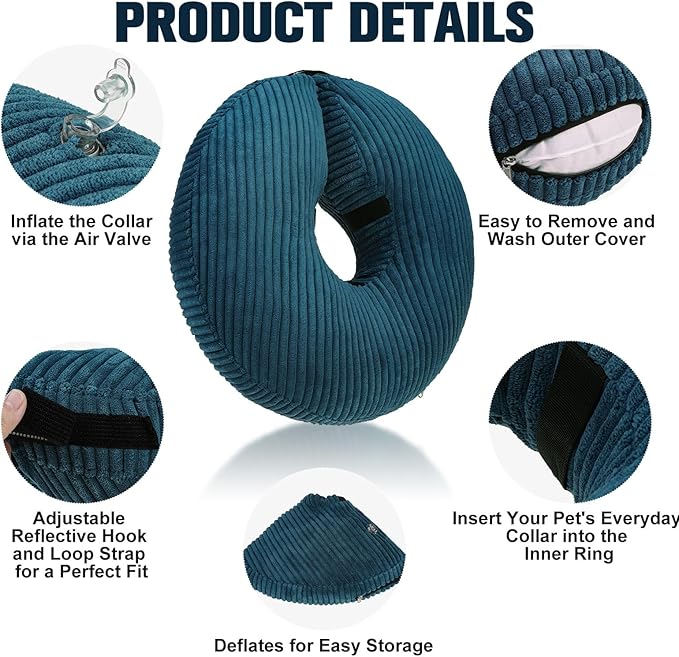 BINGPET Inflatable Dog Cone Collar Alternative After Surgery,Soft Recovery Cone for Dogs to Stop Licking,Protective Neck Donut E Collar Adjustable for Small Medium Large Dogs & Cats(Navy Blue,S)