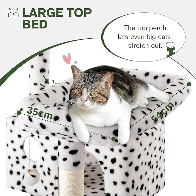 MUTICOR 66 Inches Multi-Level Large Cat Tree Tower for Indoor Big Feline/Cozy Plush Perches/Condo/Sisal Scratching Posts/Hammock and Baskets/Activity Center Play House/Wide Base/White & Black Spot