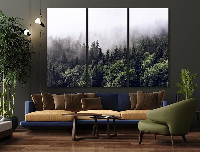 Nature Wall Art Prints - Ocean Forest Mountain Lake Canvas Landscapes - Small to Extra Large Living Room Bedroom Kitchen Bathroom Décor (Foggy Pine Forest, 71x47 Inches - 5 Panels)