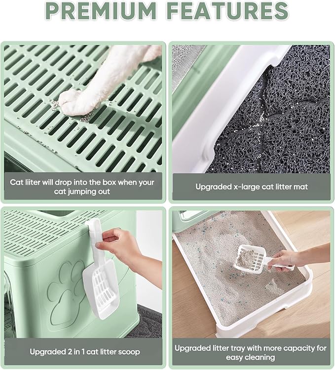 Cat Litter Box with X-Large Litter Mat and Scoop, Large Foldable Litter Box with Lid, Enclosed Kitty Box,Front Top Entry Exit, Odor Control Easy to Clean (Upgrade Green)