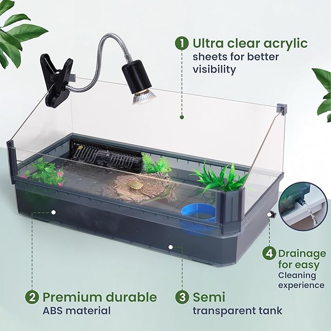 Large Turtle Tank Kit for Aquatic Turtles – Complete Starter Habitat with Filter, UVB Lamp, Basking Platform, Plants, Feeding Ring – Turtle Aquarium Kit (Black)