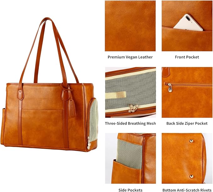 Stylish Dog Purse Carrier, Leather Pet Carrier Bag for Small Dogs Cats Puppy, Airline Approved Soft-Sided Carrier Brown