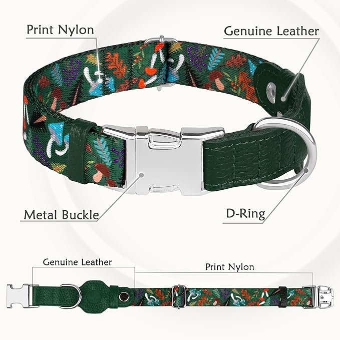 AirTag Dog Collar for Small Medium Large Breed - Adjustable Cute Pattern Dog Collar with Airtag Holder - Soft Leather Tracker GPS Apple Air Tag Pet Collars (Medium, 14"-18" Neck Fit, Mushroom)