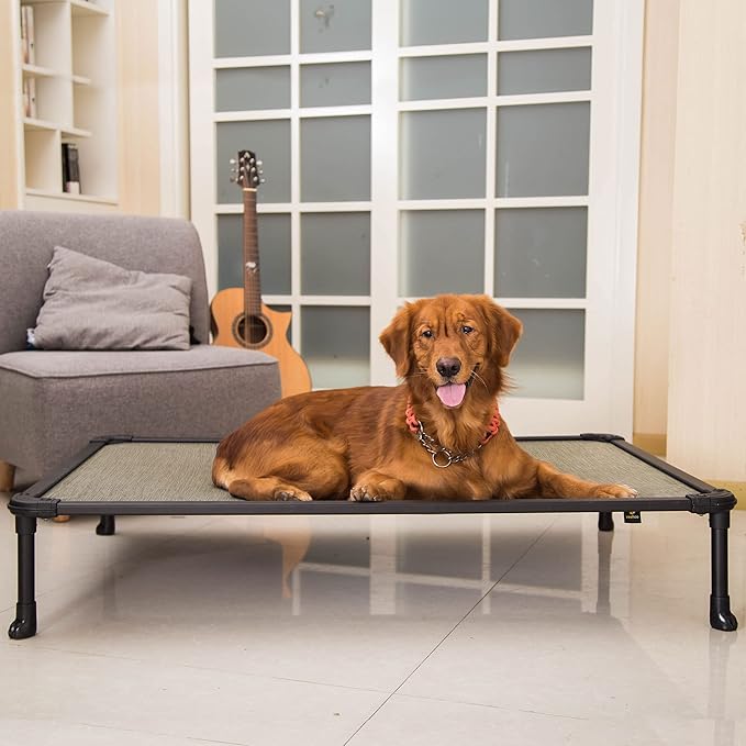 Veehoo Chew Proof Elevated Dog Bed - Cooling Raised Pet Cot - Rustless Aluminum Frame and Durable Textilene Mesh, Unique Designed No-Slip Feet for Indoor or Outdoor Use, Beige Coffee, X Large